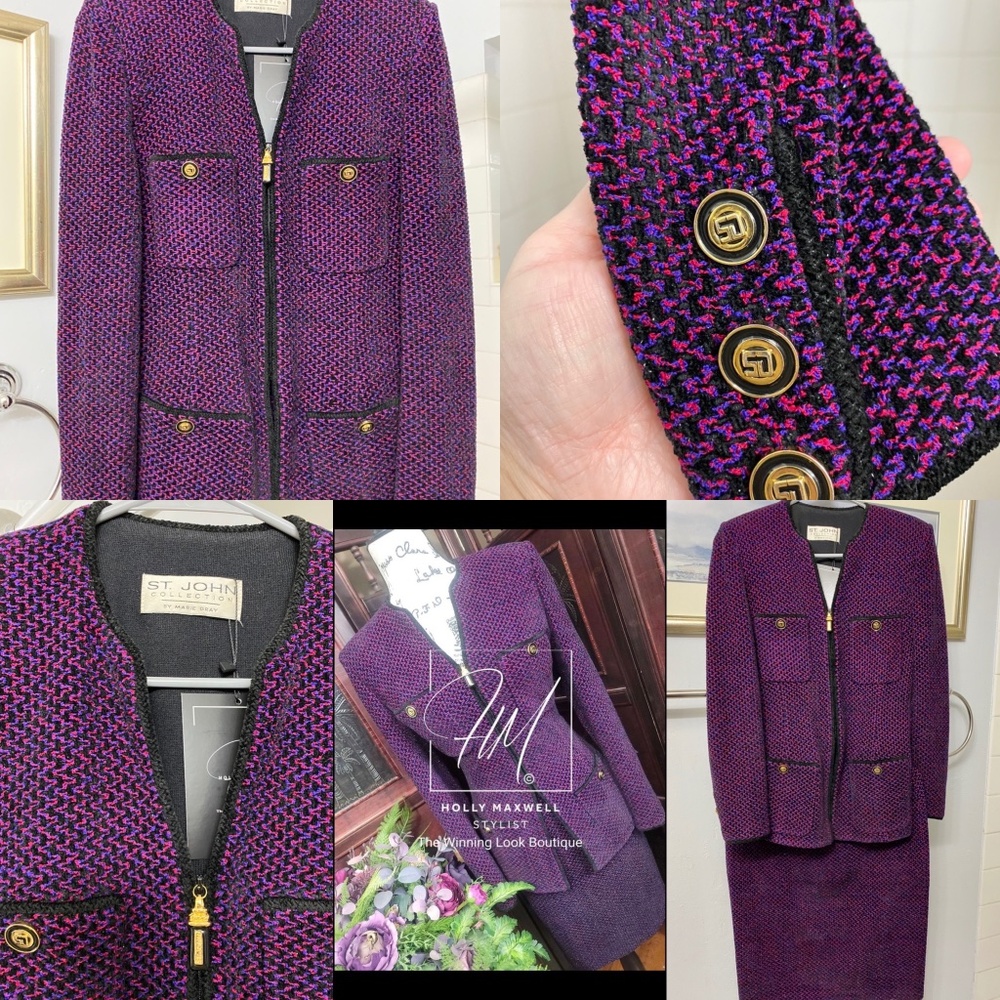 ST JOHN Collection by Marie Gray Purple Shimmer Knit Skirt Suit Women’s Size 8